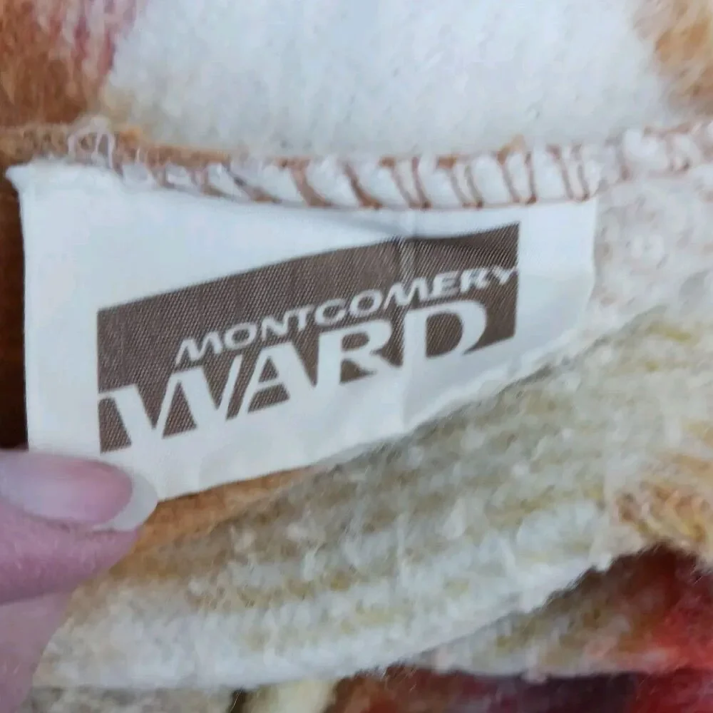 Vtg Montgomery Wards Satin Trim Acrylic Full/Queen  Blanket Brown Plaid 85 x 94